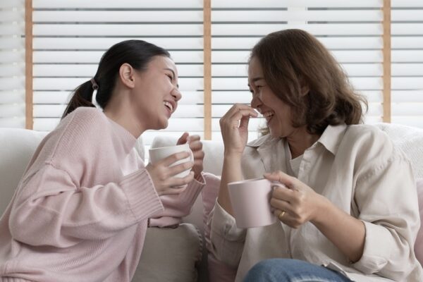 Two women having a mindful conversation indoors