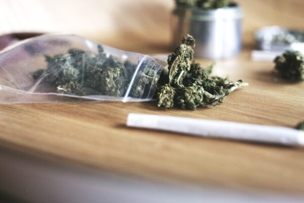 Marijuana leaves, flowers, and paraphernalia on top of a table surface
