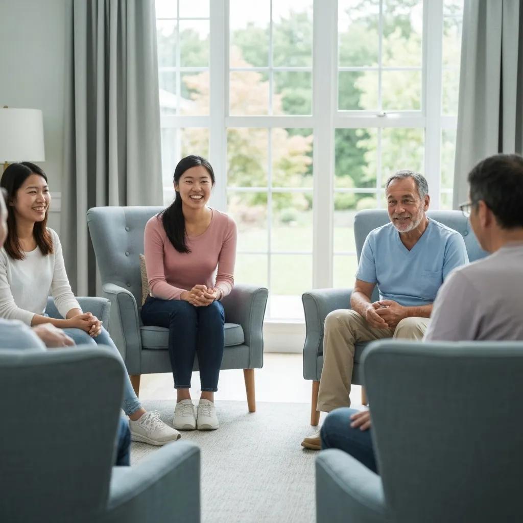 Group therapy session in an inpatient rehab setting, showcasing community support and engagement