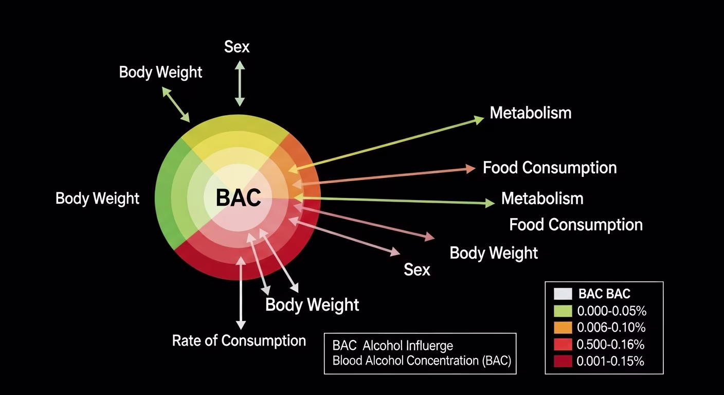 Factors influencing Blood Alcohol Concentration (BAC). Thicker arrows indicate stronger influence.