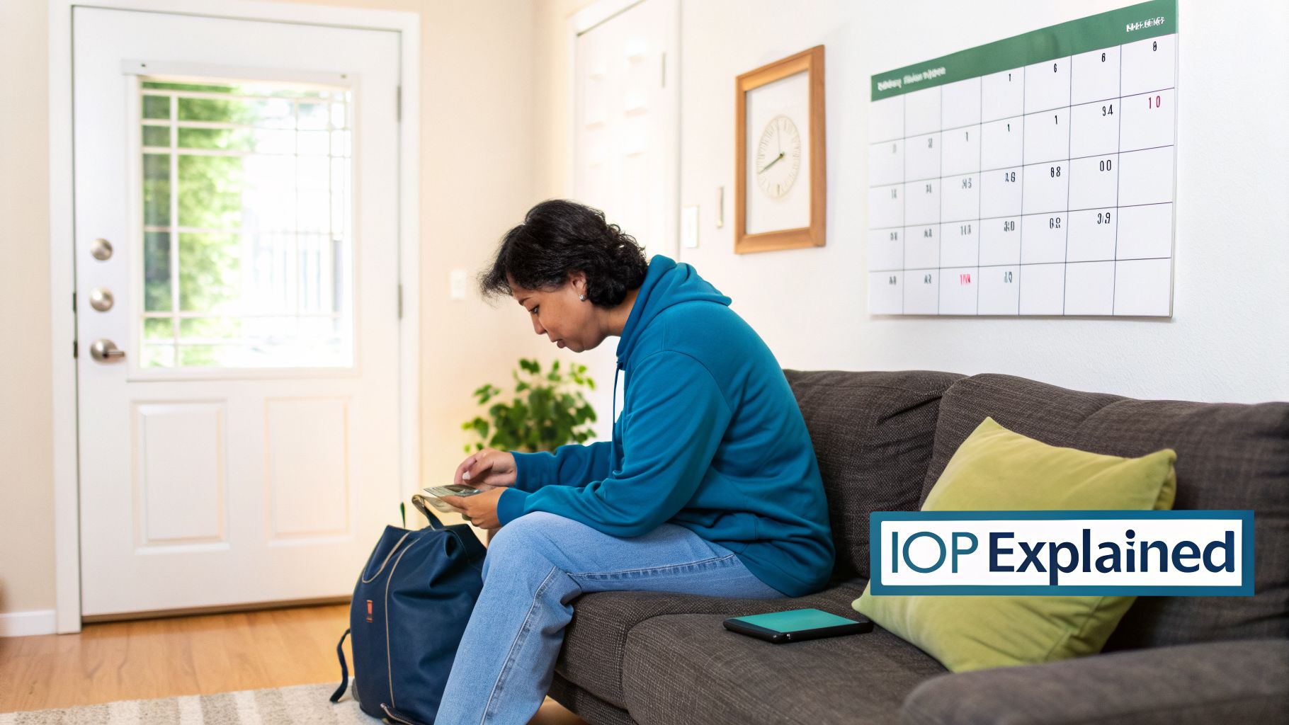 A person sits on a cozy couch at home, checking their phone, with a backpack nearby.