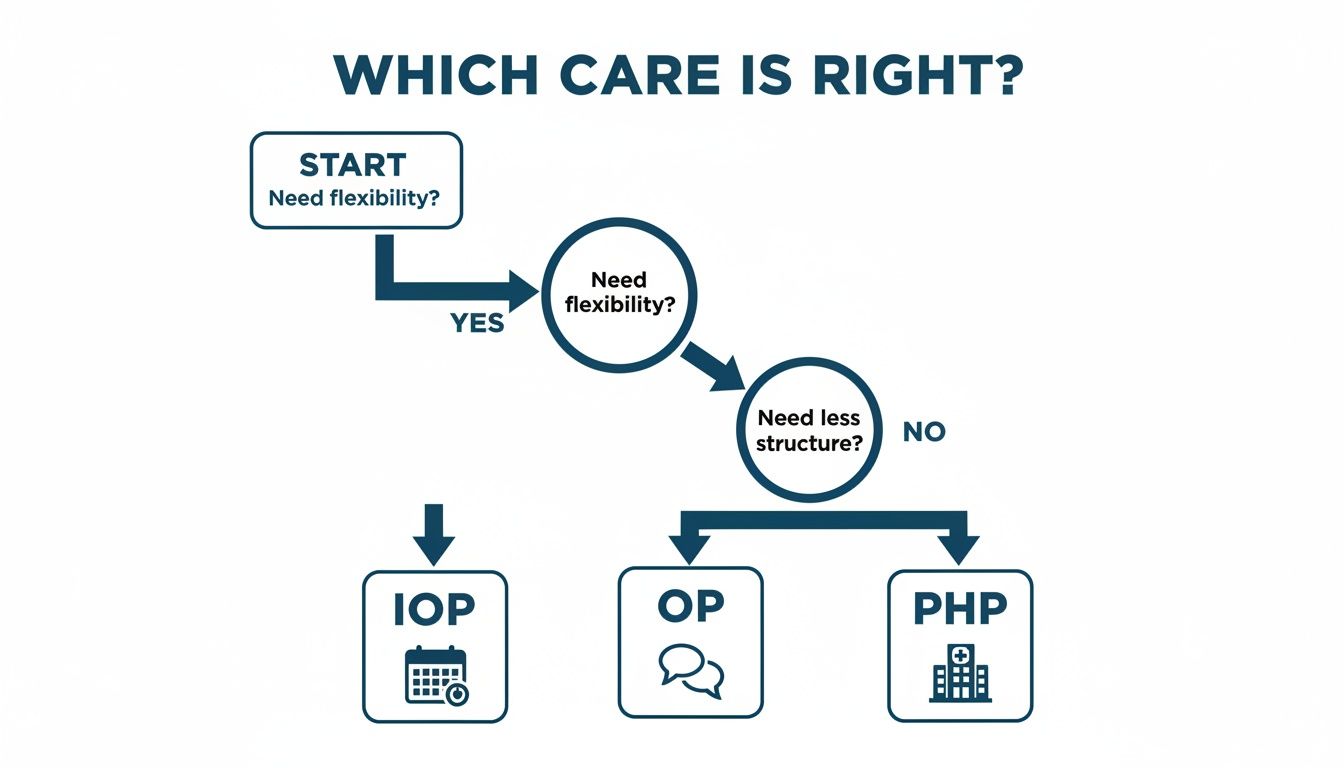 Flowchart guiding care options (IOP, OP, PHP) based on flexibility and structure needs.