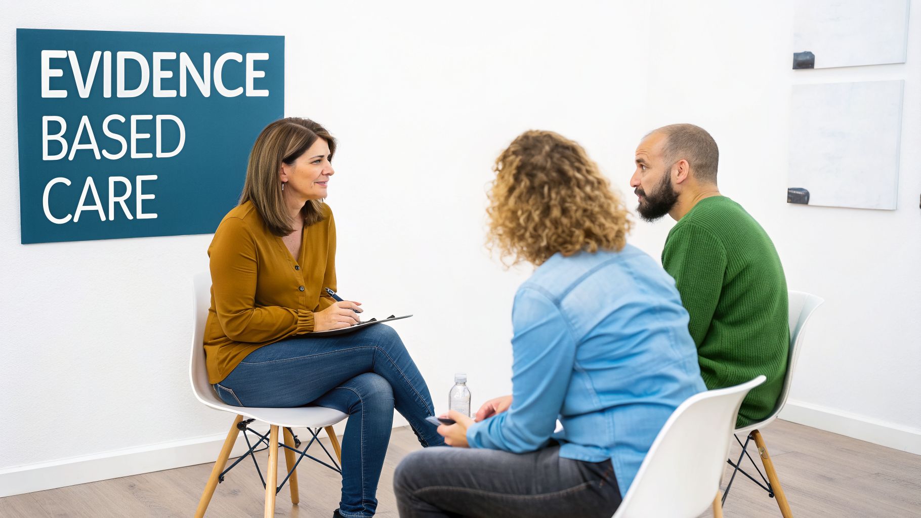 Female therapist provides evidence-based care to a couple in a bright counseling room.