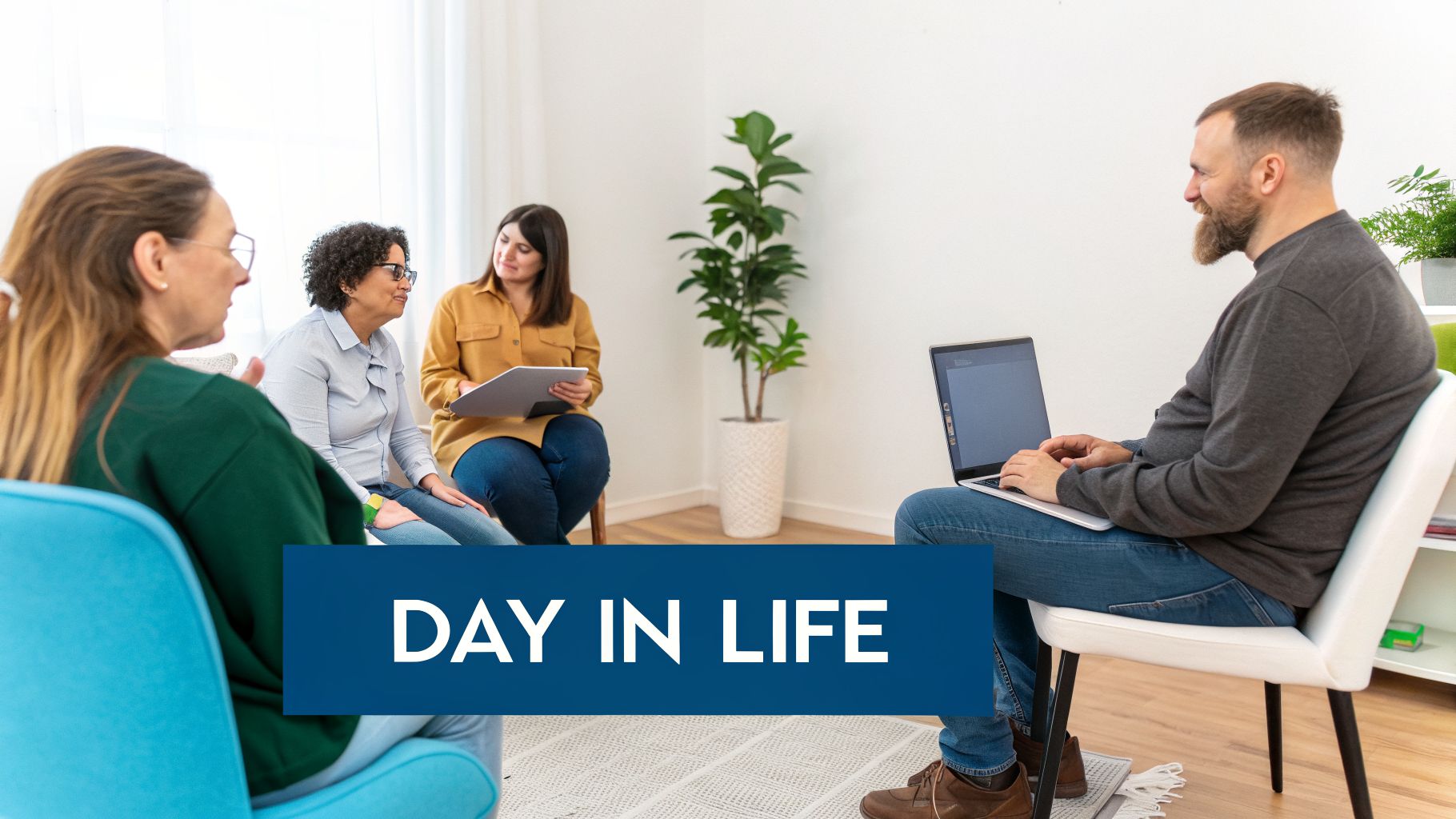A diverse group of four people, three women and one man, engaged in a group therapy or counseling session.