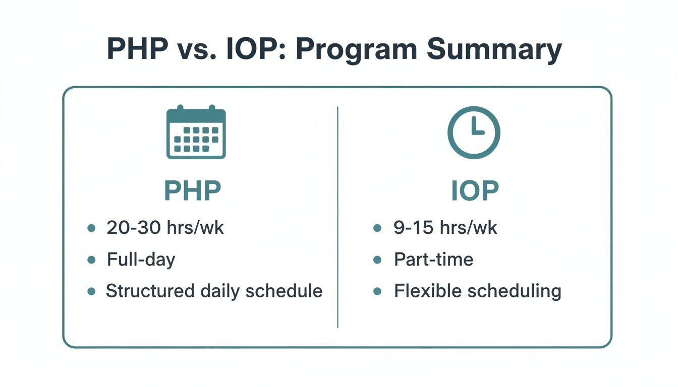 A comparison chart illustrating the key differences in program structure between PHP and IOP.