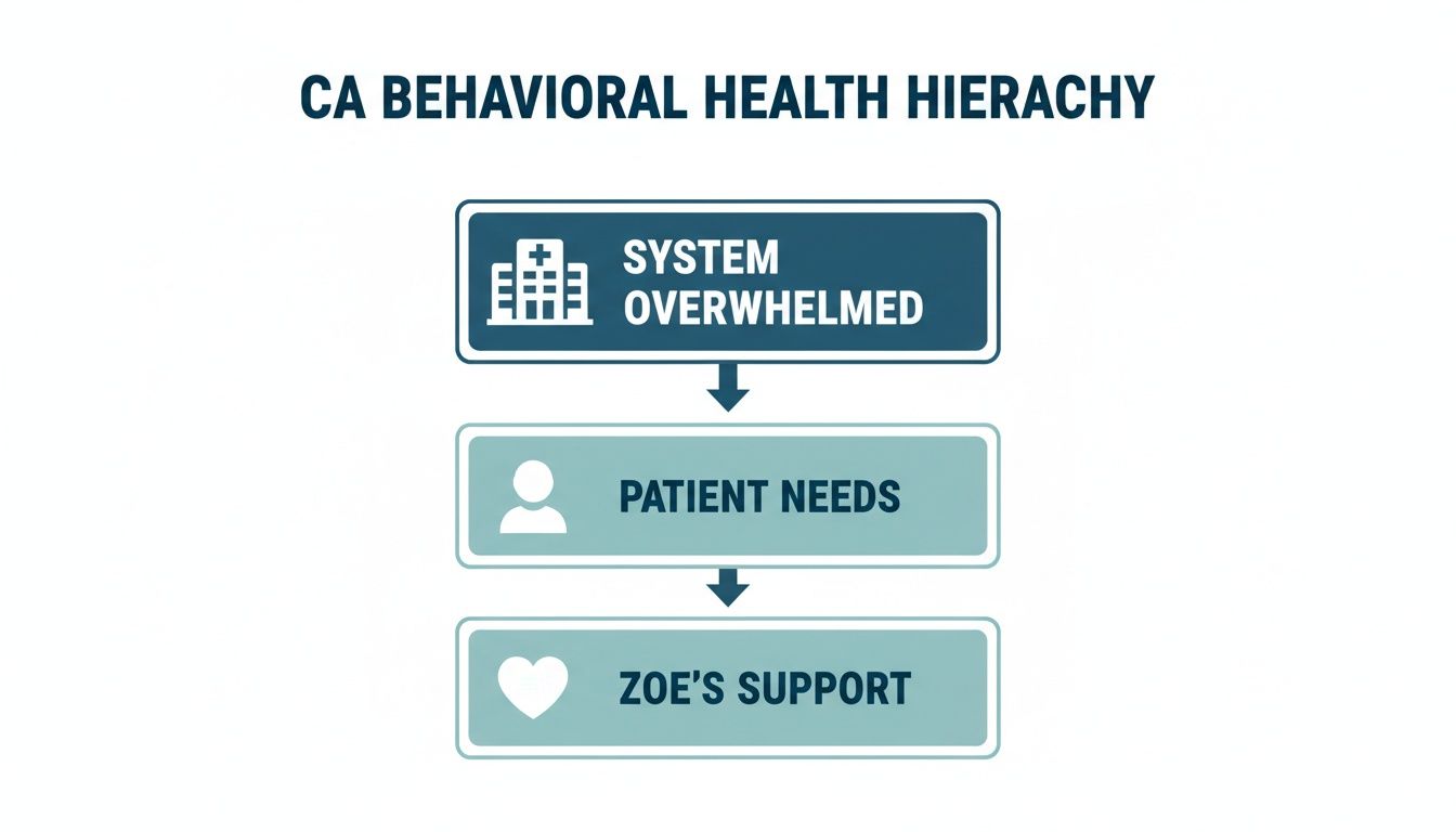 A hierarchy diagram titled 'CA Behavioral Health Hierarchy' showing 'System Overwhelmed' leading to 'Patient Needs' and then 'Zoe's Support'.