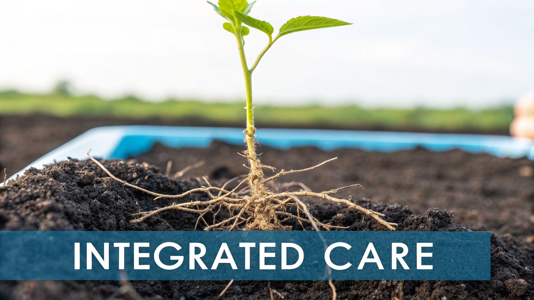 A young green plant with visible roots in dark soil, above a banner reading 'INTEGRATED CARE'.
