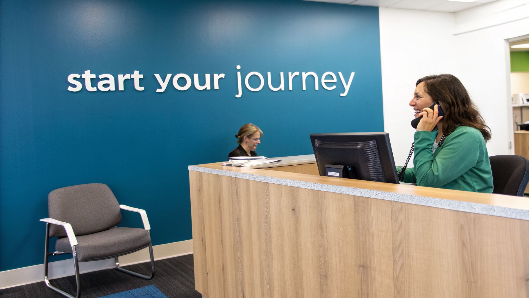 Two friendly receptionists assist patients in a modern behavioral health clinic reception area.