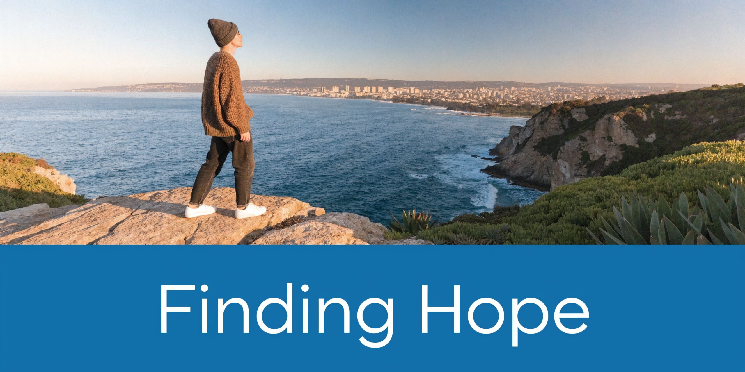 A person wearing a beanie and sweater standing on a cliff overlooking the ocean and city.