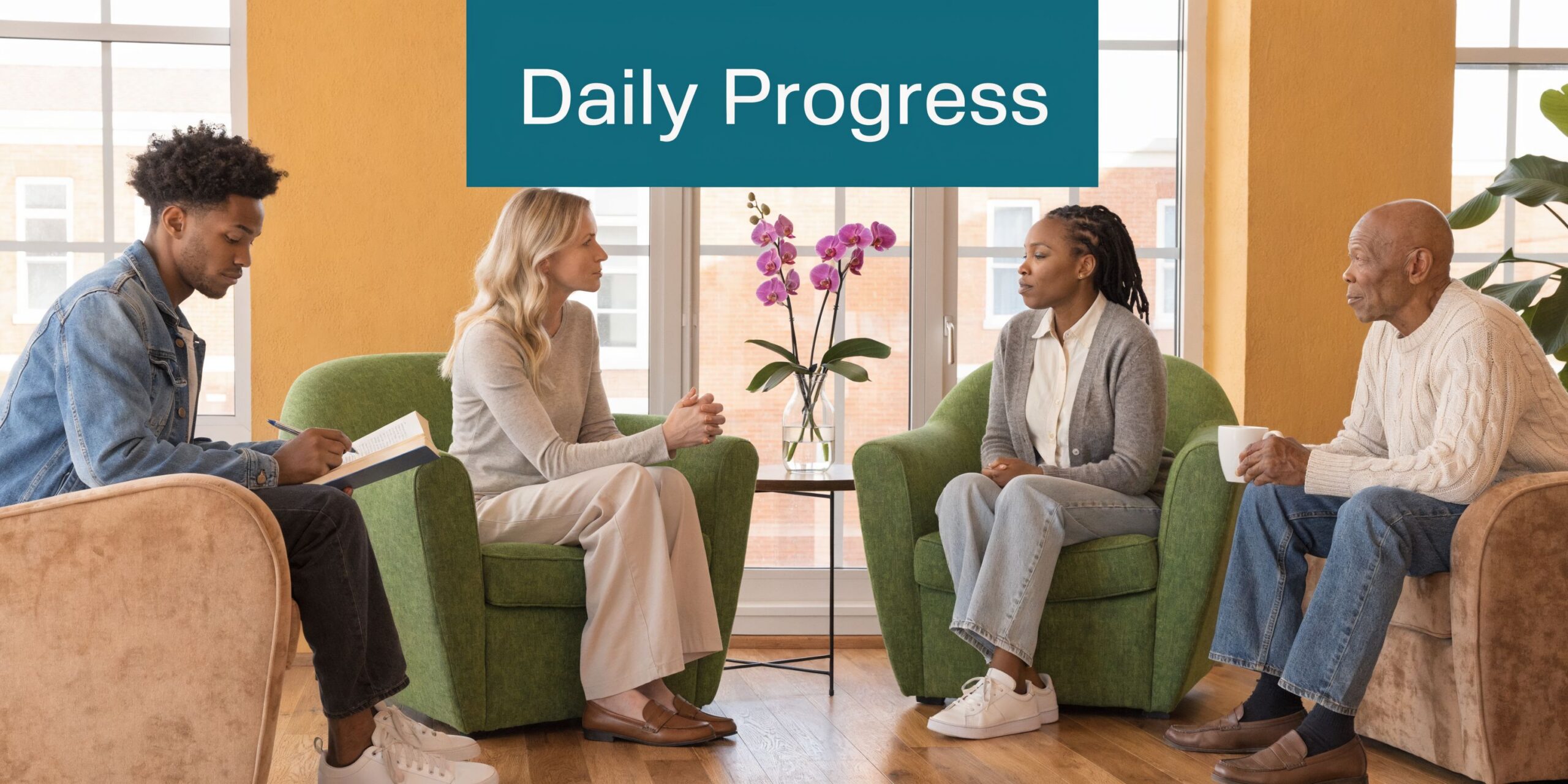 A diverse group of adults sitting in comfortable chairs participating in a supportive group therapy session