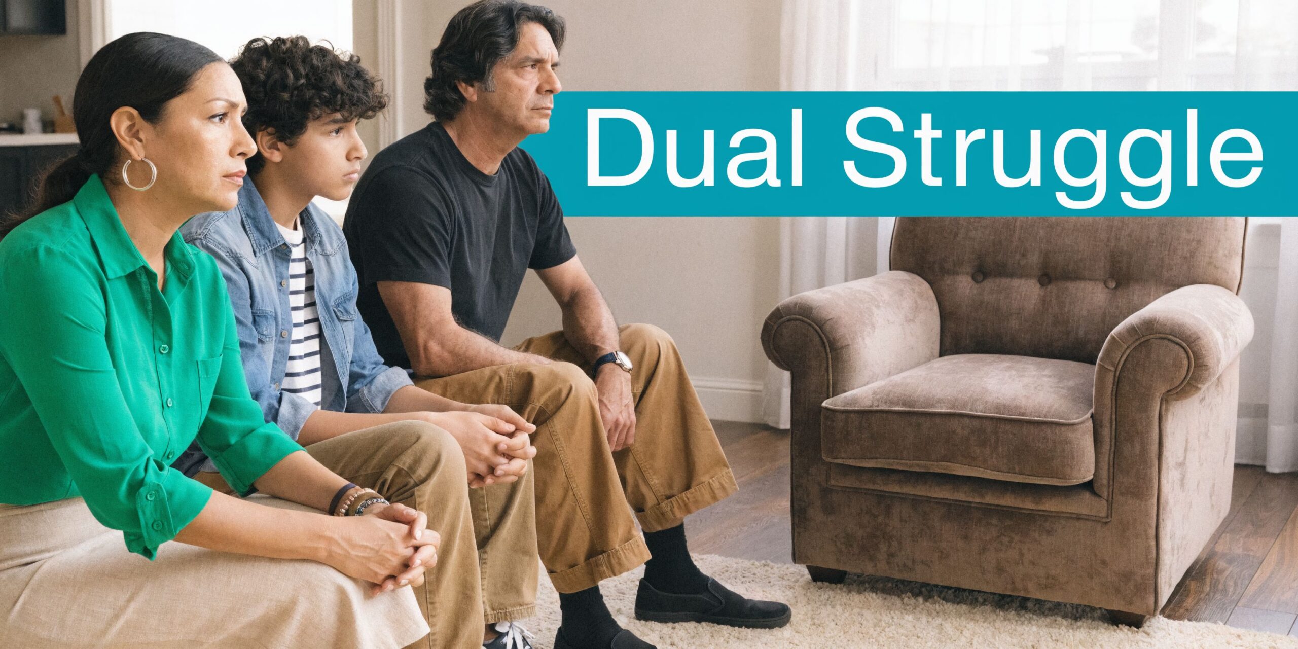 A concerned family sitting together on a couch, representing the emotional weight of a dual diagnosis struggle.