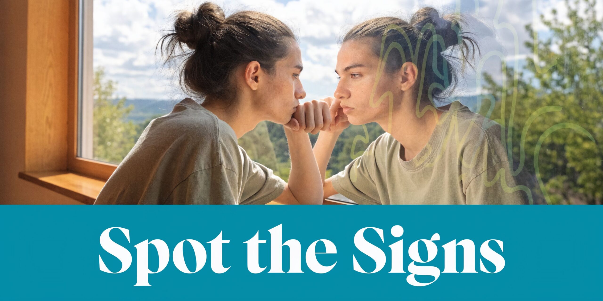 A person looking at their own reflection in a window, representing reflection and potential mental health struggles.