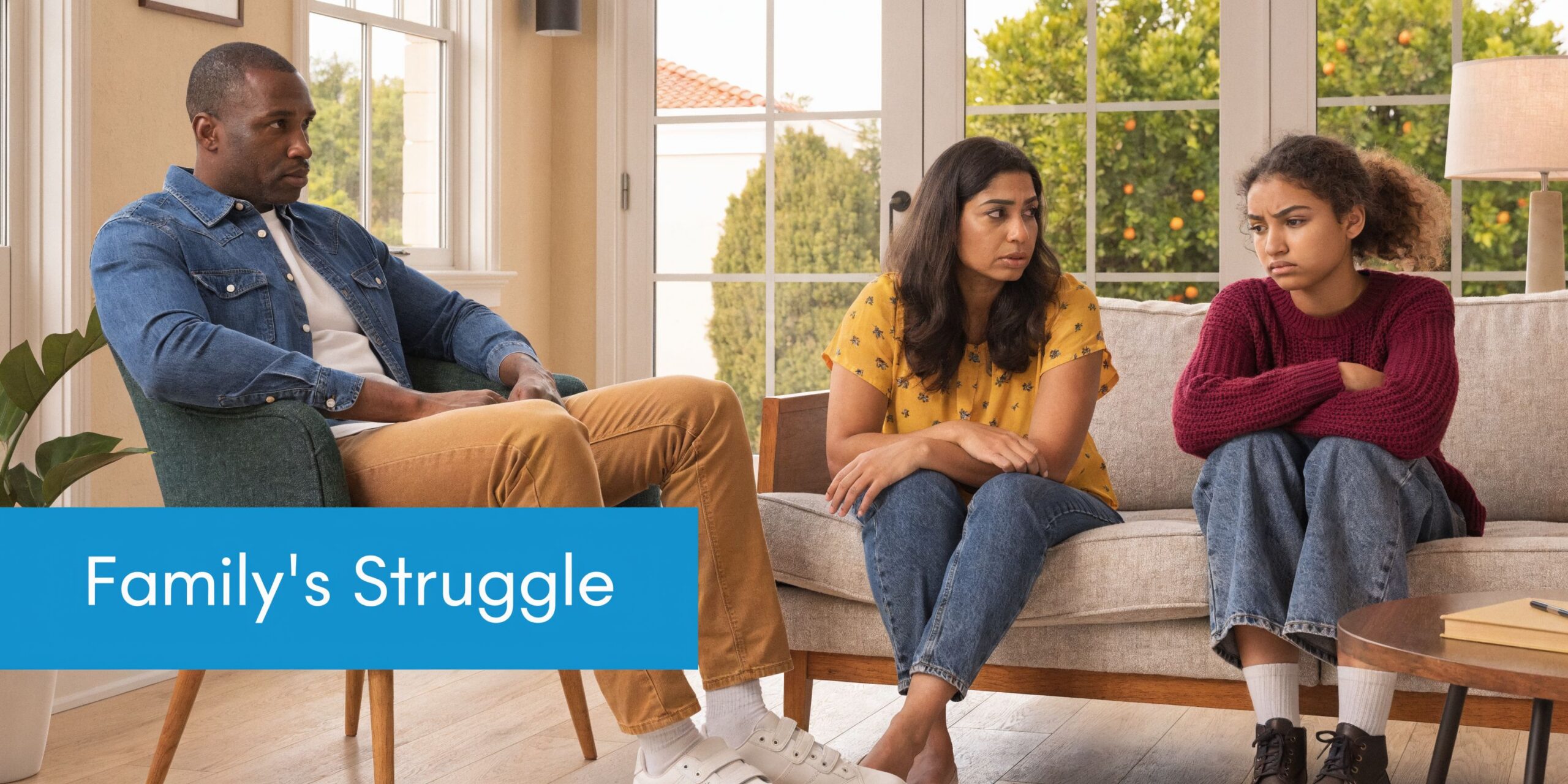 A concerned family sitting in a living room experiencing a difficult and tense emotional conversation together.
