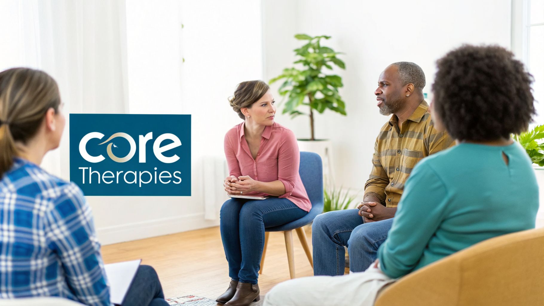 A diverse group of adults in a group therapy session with a female therapist.