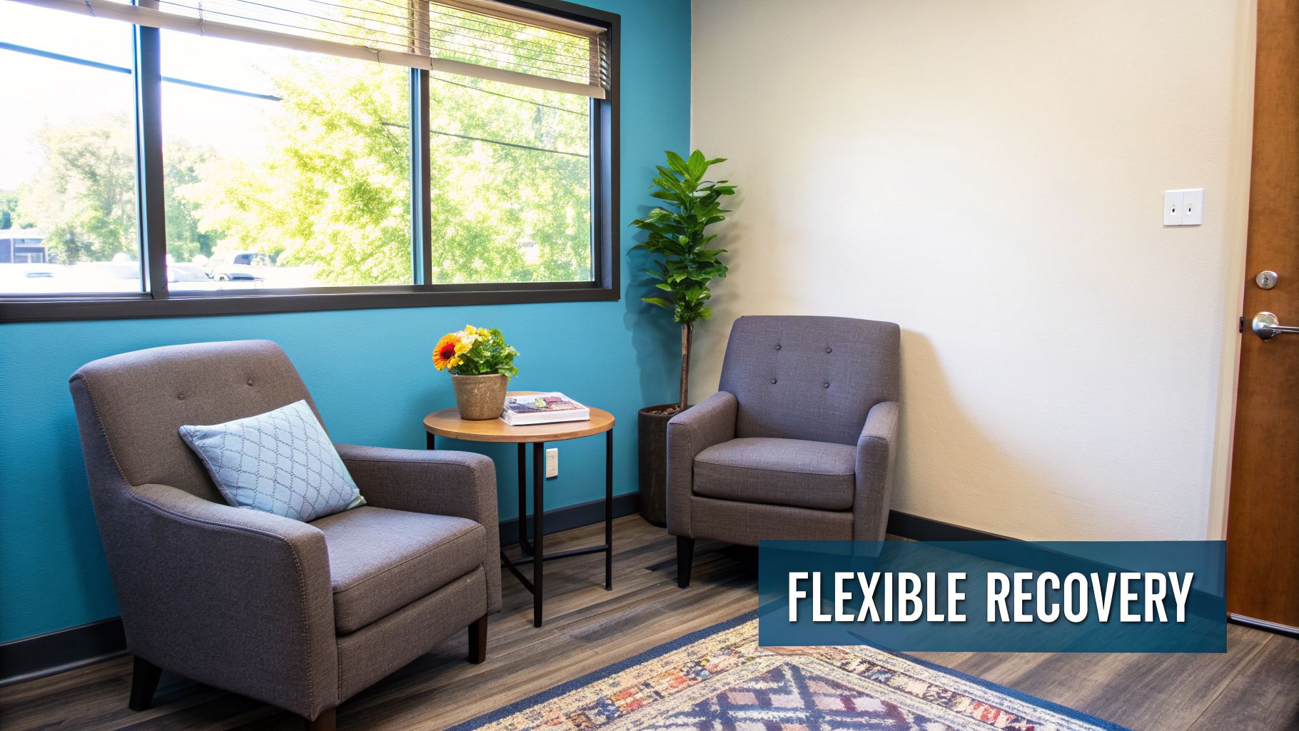 A welcoming and comfortable therapy room with armchairs, a plant, and a window for flexible recovery.