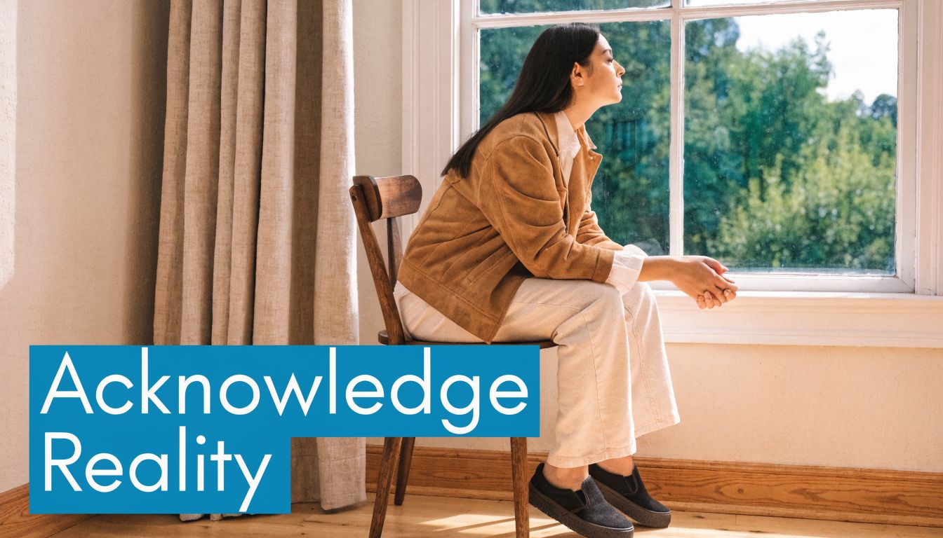 A pensive young woman sits on a wooden chair by a bright window, reflecting on reality.