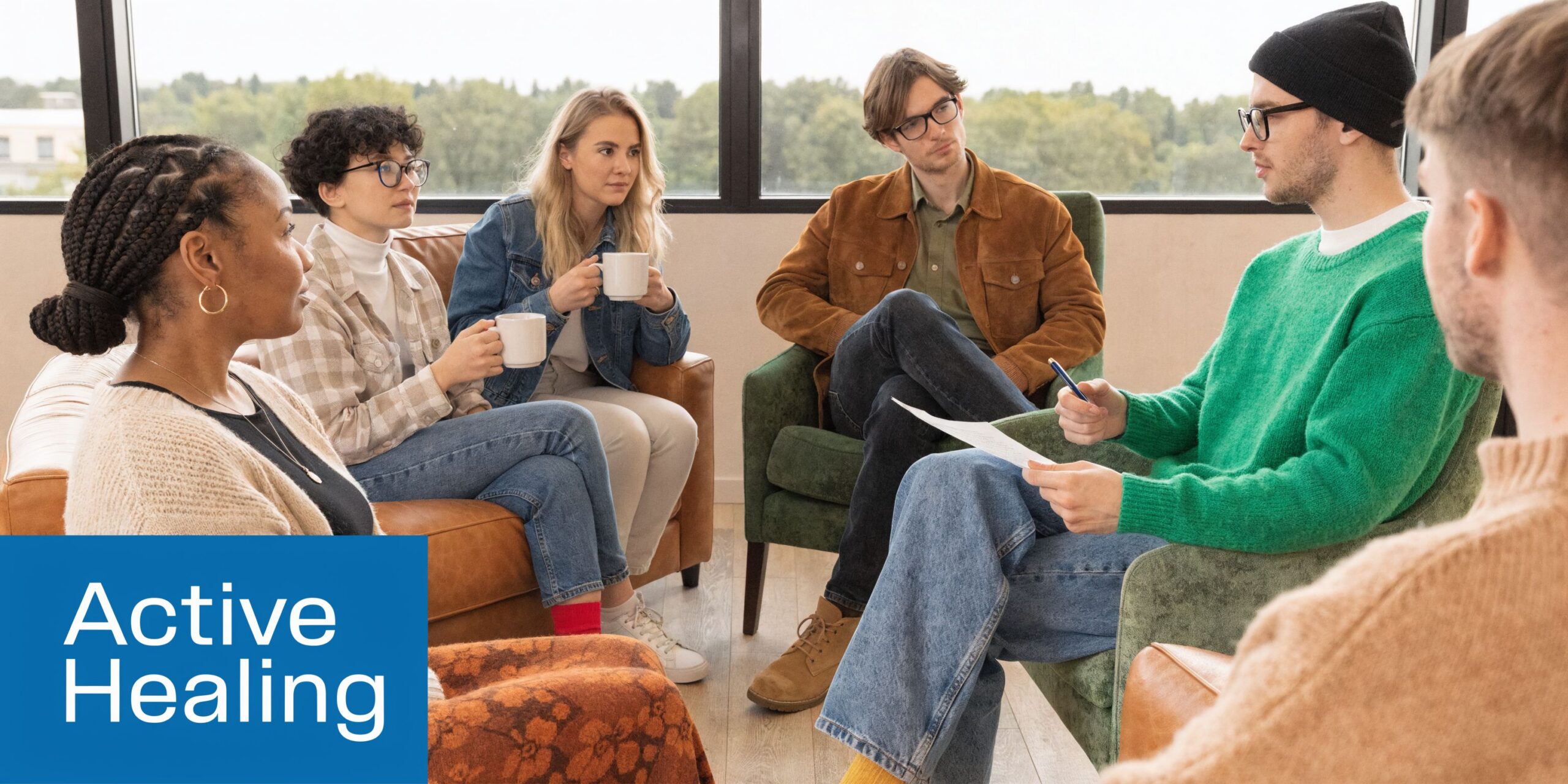 A diverse group of young adults sit in a circle in a supportive mental health group therapy session.