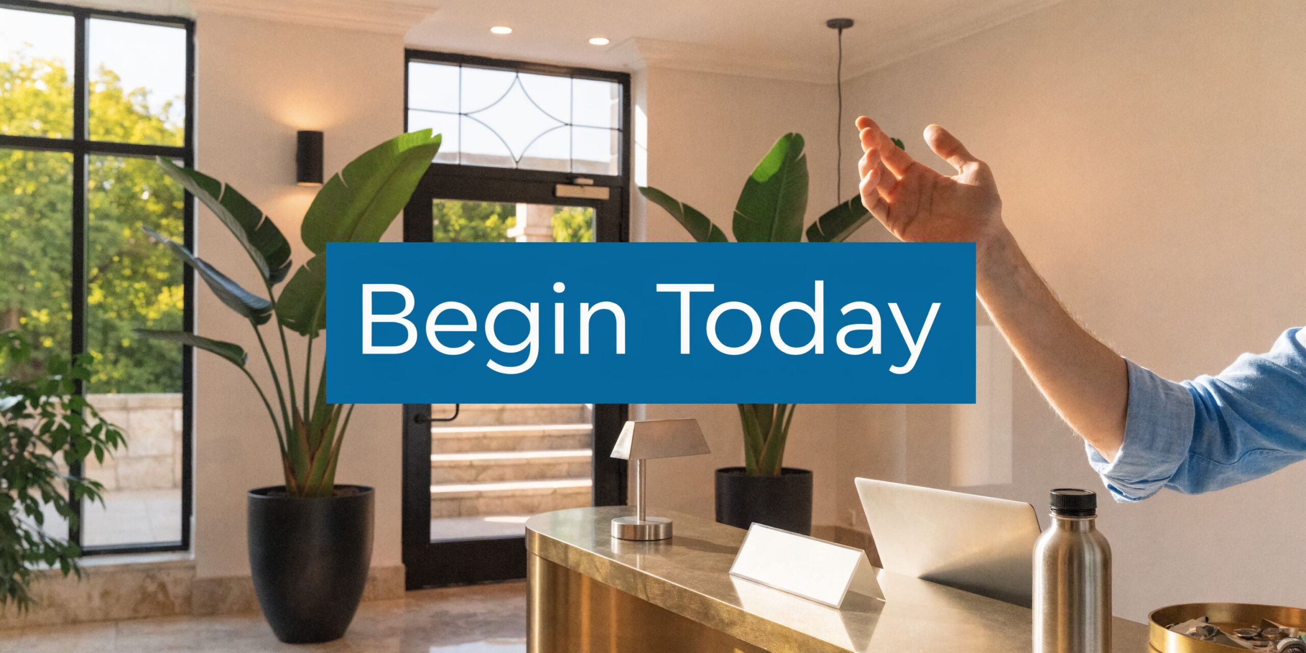 A professional receptionist at a front desk gestures welcomingly in a modern, light-filled office building entrance.