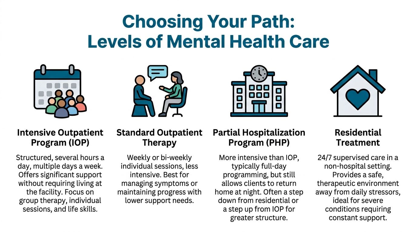 An infographic showing four levels of mental health care including outpatient and residential treatment options.
