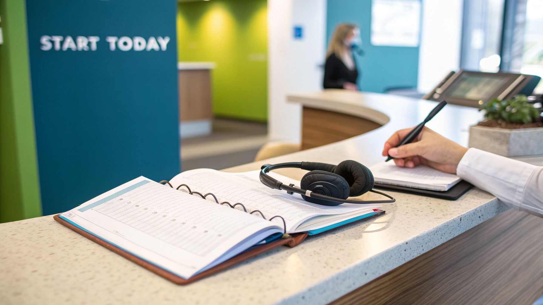 Person writing on a notepad with headphones and an open planner on an office desk, with a 'START TODAY' sign.