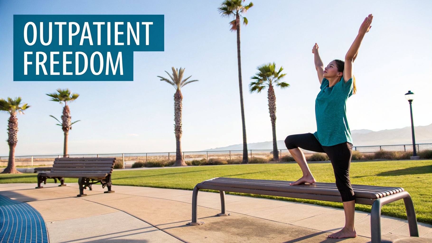 Woman doing yoga on a park bench under palm trees, symbolizing freedom and outdoor wellness.