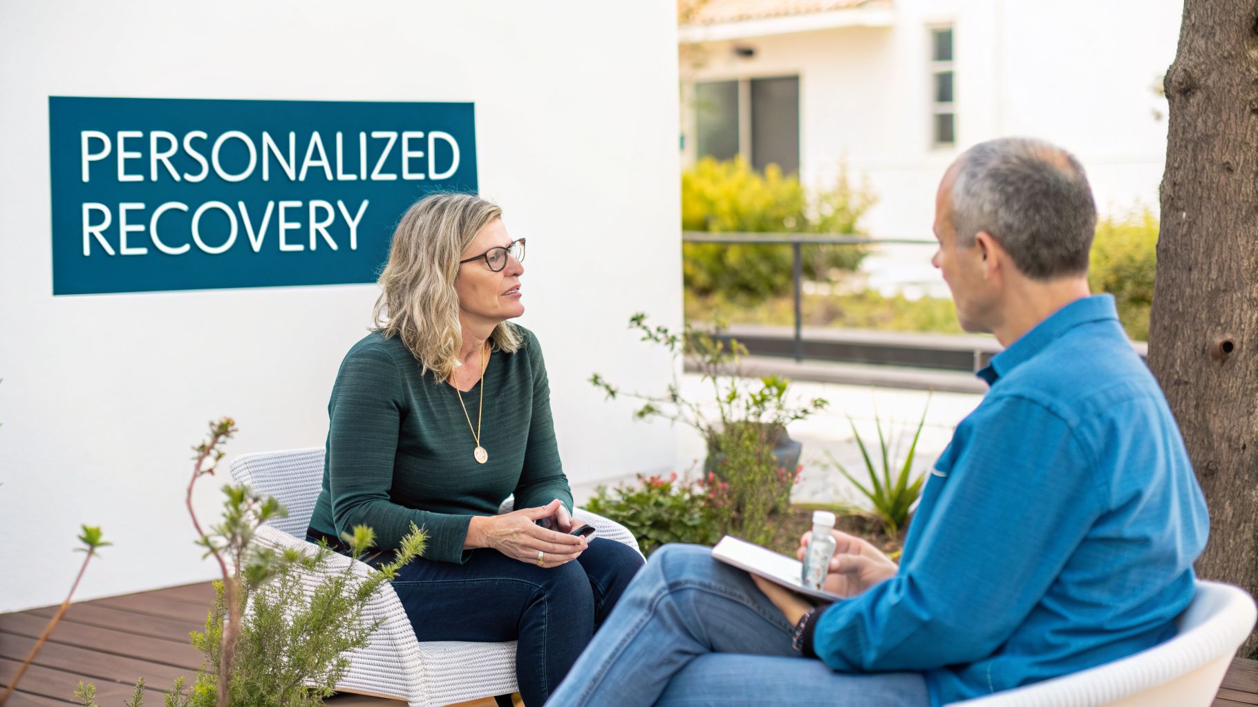 Two people engage in a personalized recovery session outdoors, focusing on mental health treatment.