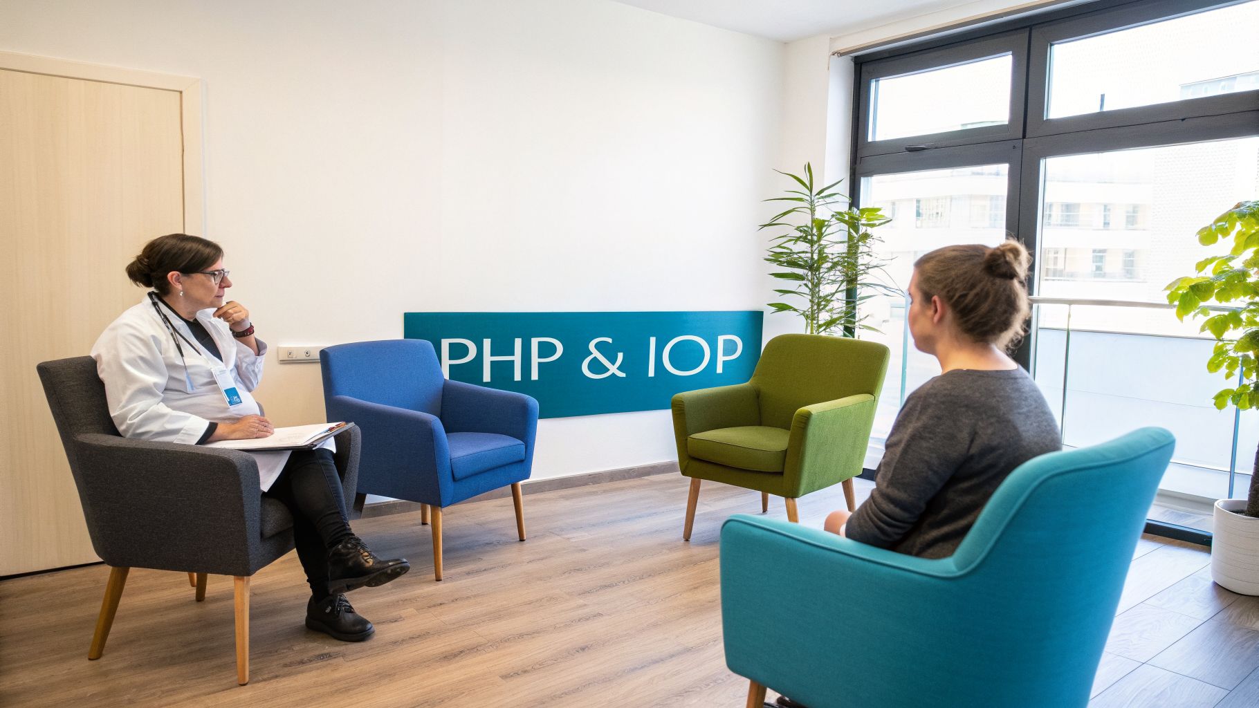 A healthcare professional consults with a patient in a modern mental health facility.