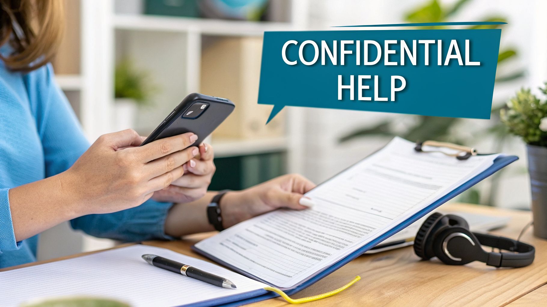 A person holds a phone and documents at a desk, with a 'CONFIDENTIAL HELP' bubble.