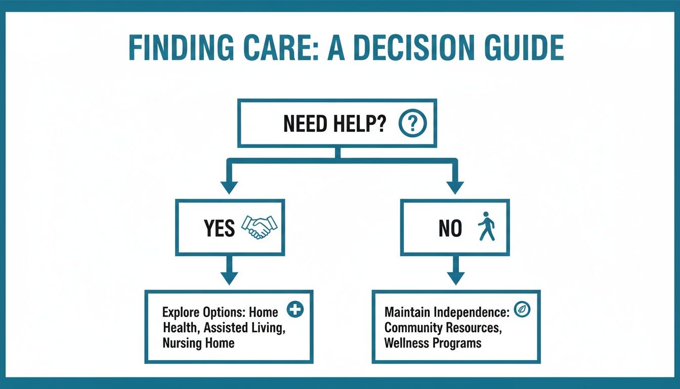 Decision guide flowchart for finding care, exploring options for help or maintaining independence.
