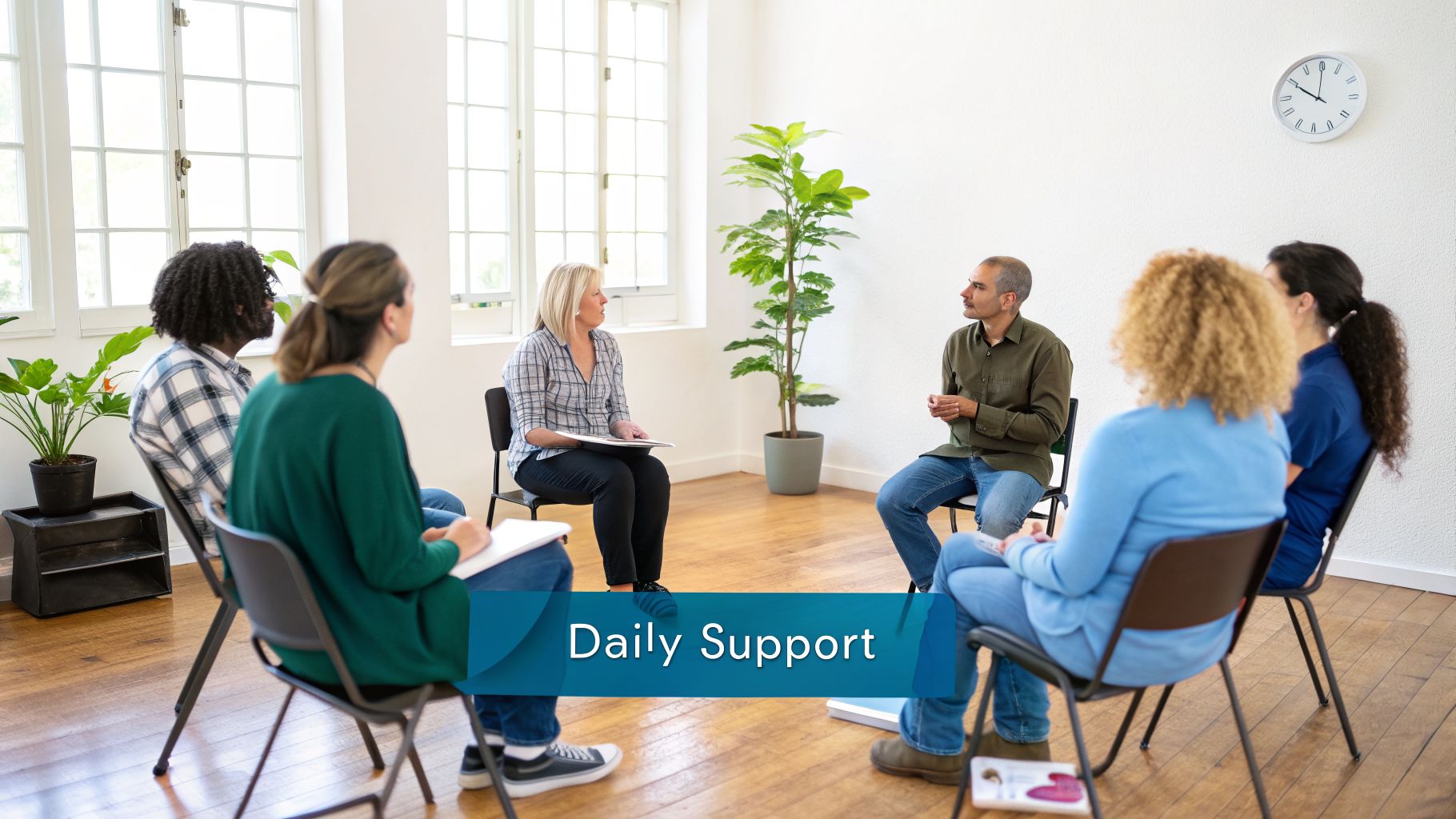 Diverse adults in a bright room gather in a circle for a supportive group therapy session.