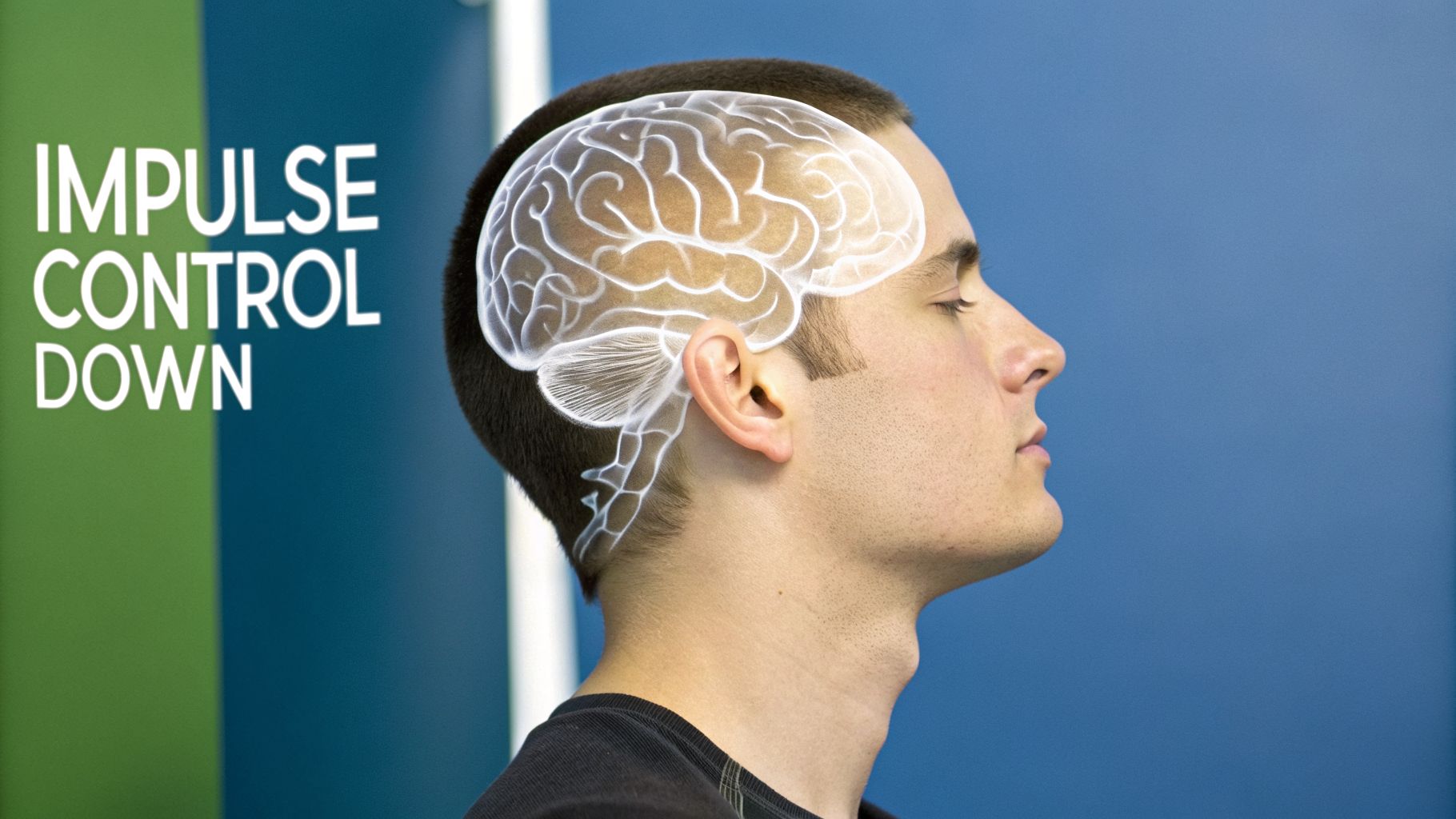 Side profile of a man with a glowing brain graphic and text 'IMPULSE CONTROL DOWN'.