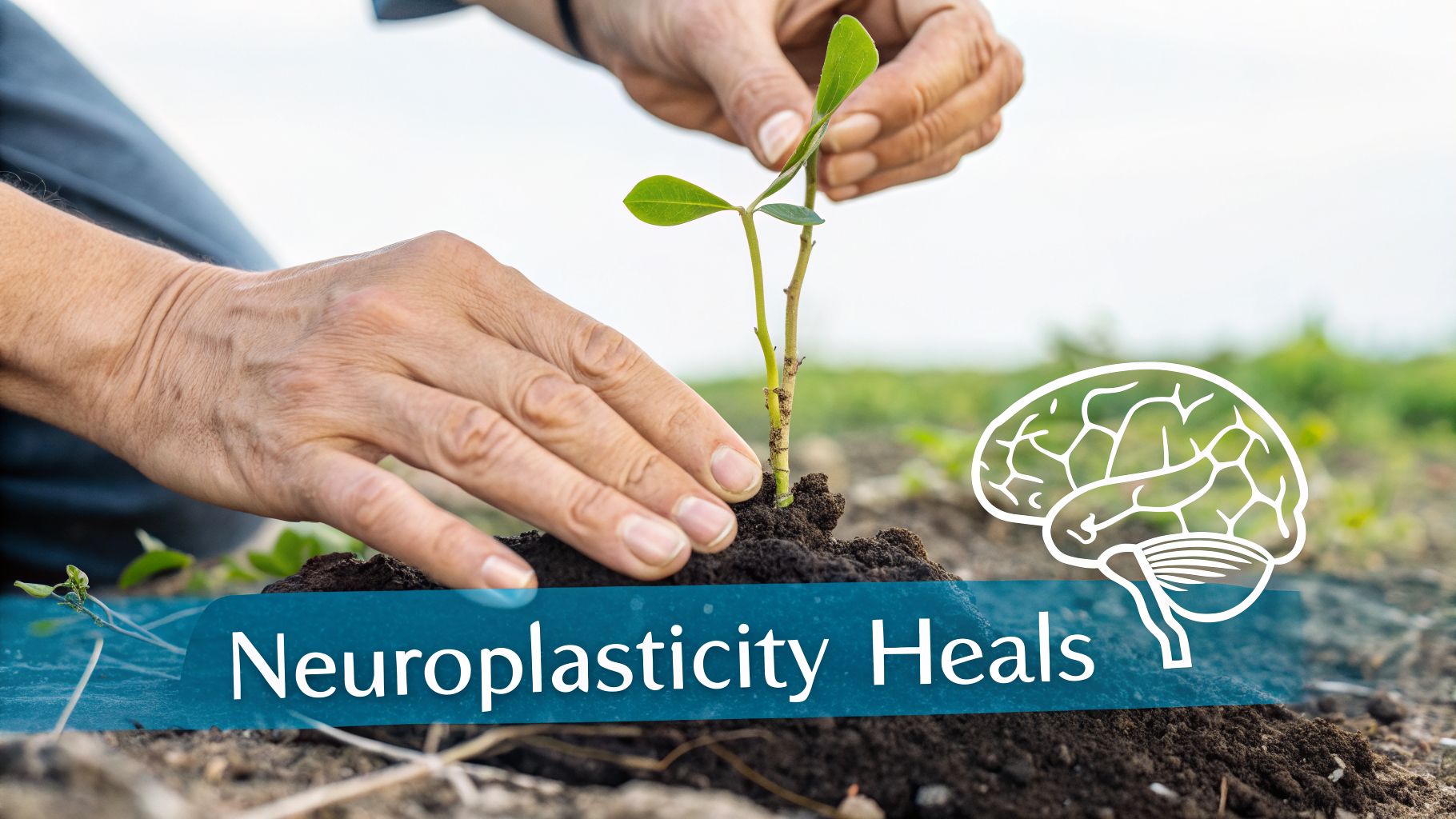 Hands are gently planting a small green sprout in dark soil, alongside an illustrative brain icon and 'Neuroplasticity Heals' text.