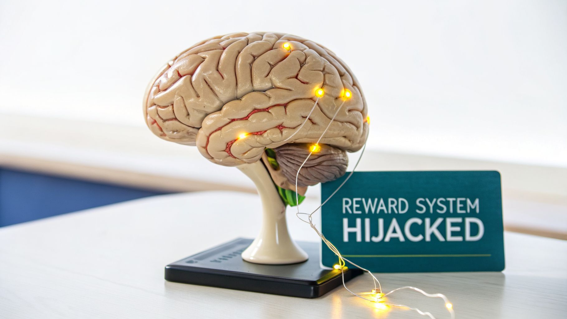 A human brain model with glowing lights representing neural activity, next to a sign 'REWARD SYSTEM HIJACKED'.
