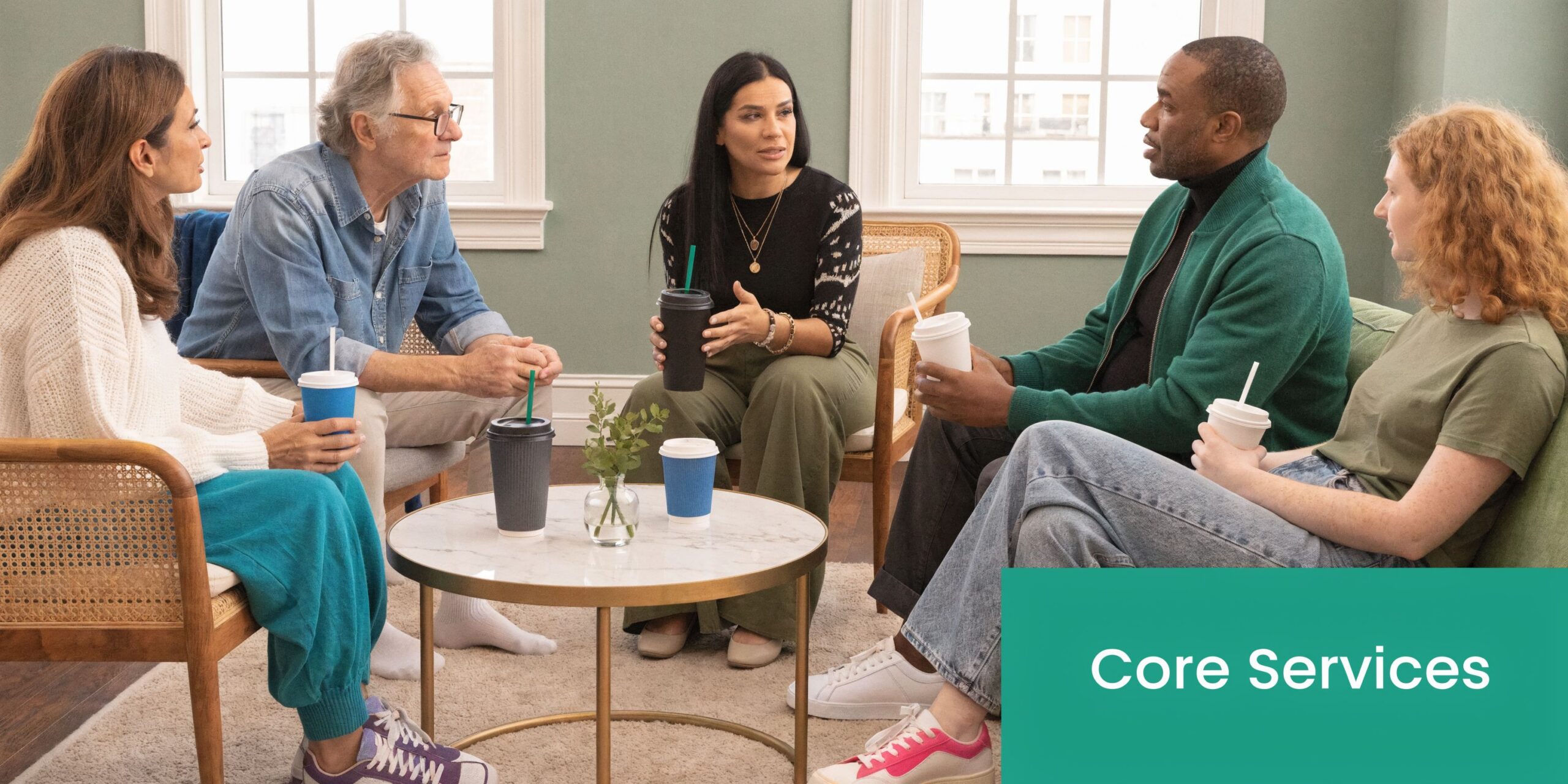 A diverse group of adults sitting in a circle in a comfortable room, engaging in a group therapy session.
