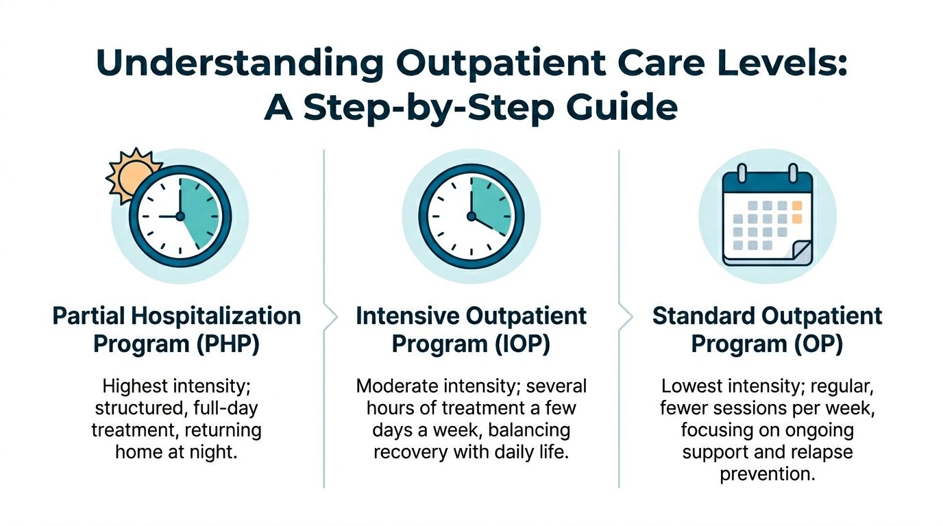 A guide explaining the three levels of outpatient care: PHP, IOP, and Standard Outpatient Program.