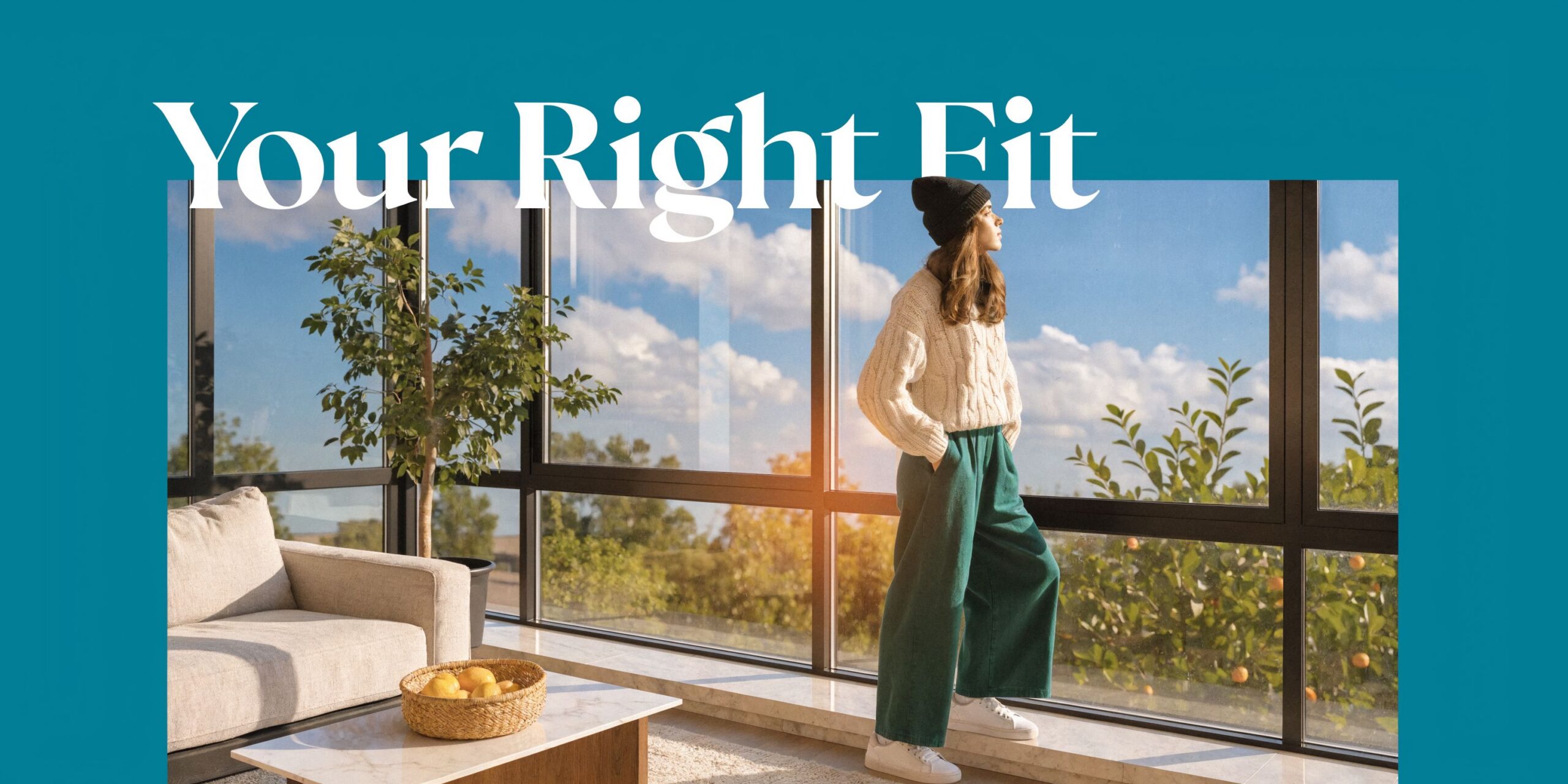 A woman in a cream sweater and green trousers stands by a sunny window in a modern room.