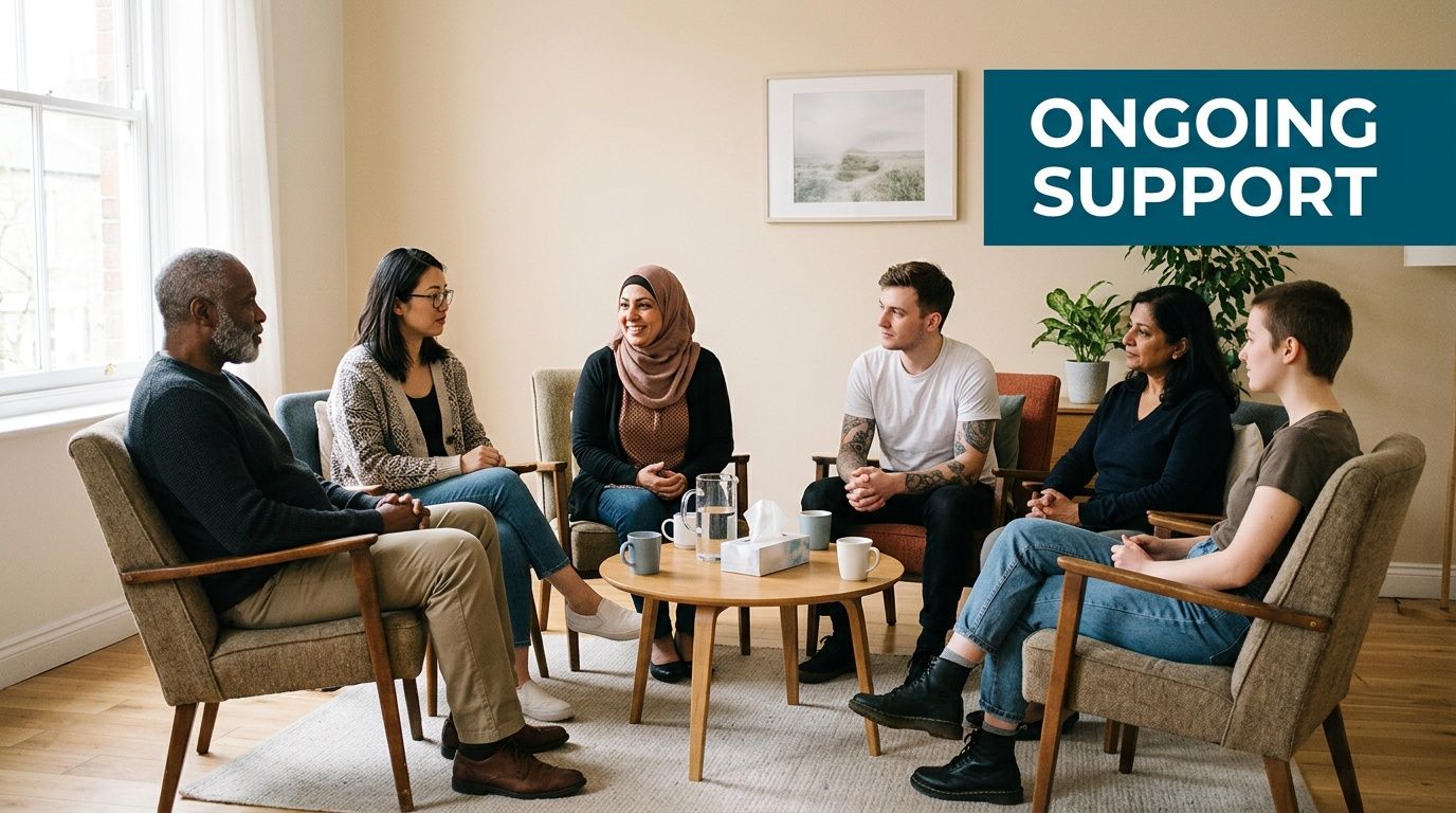 A diverse group of people sitting in a circle during a support group therapy session.