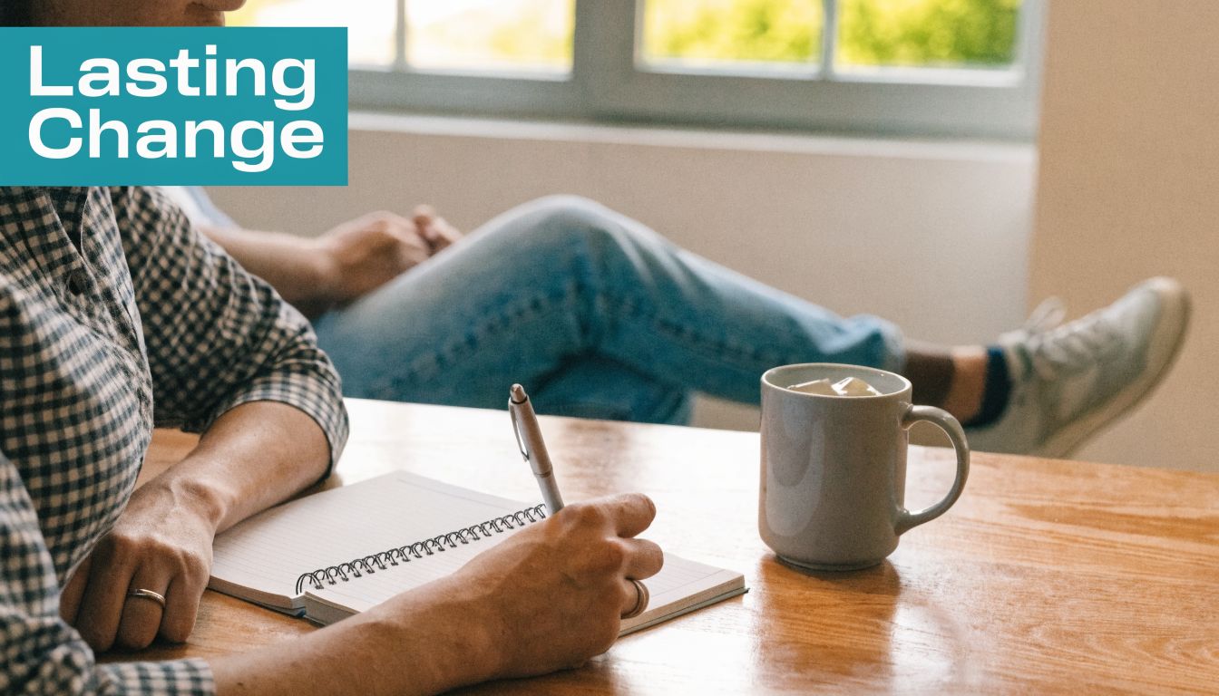 A person writing in a notebook while sitting at a table next to a coffee mug.