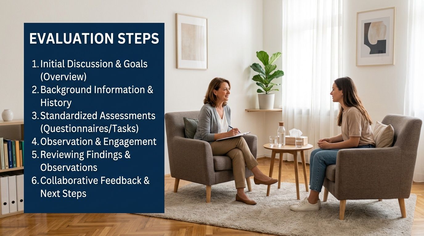 A professional therapist conducting a clinical evaluation session with a female client in a calm office setting.