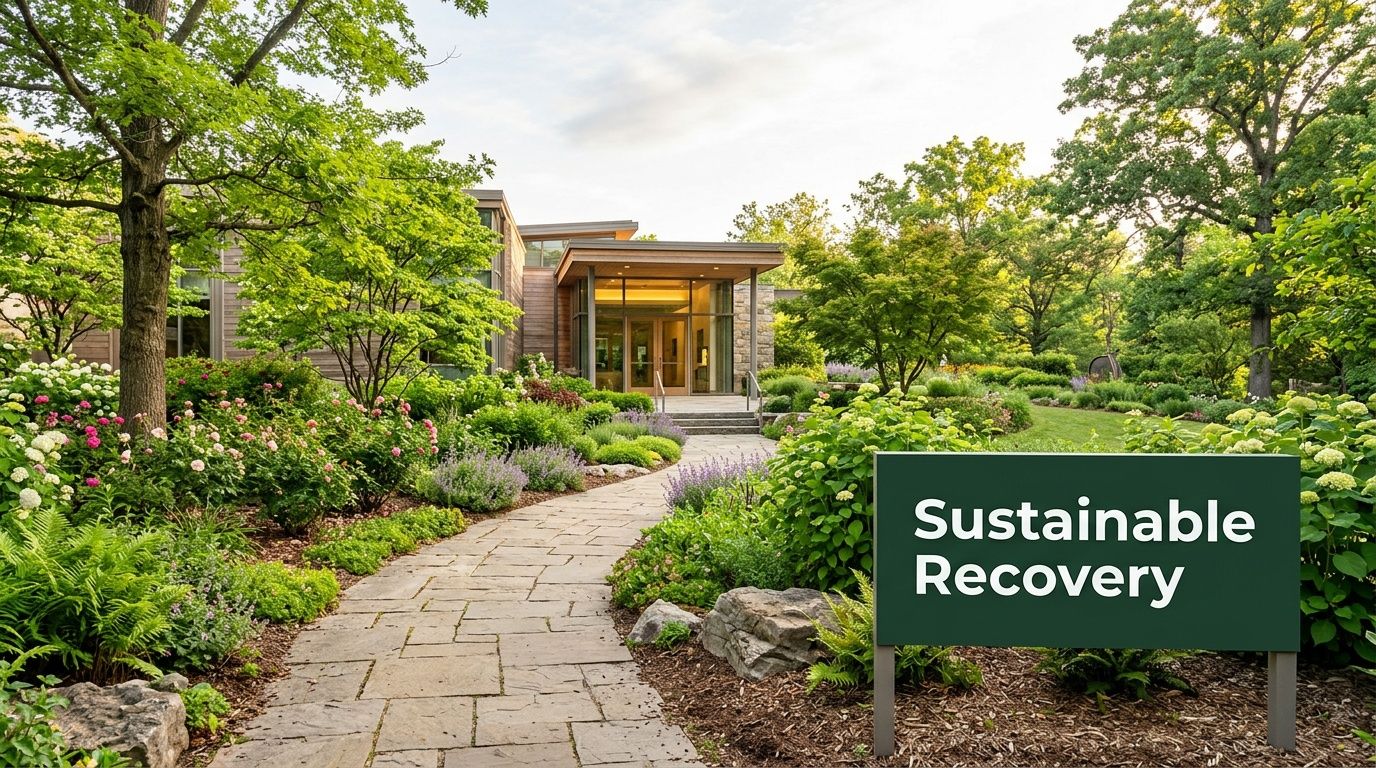 A serene stone path leads to a modern building entrance surrounded by lush gardens and greenery.