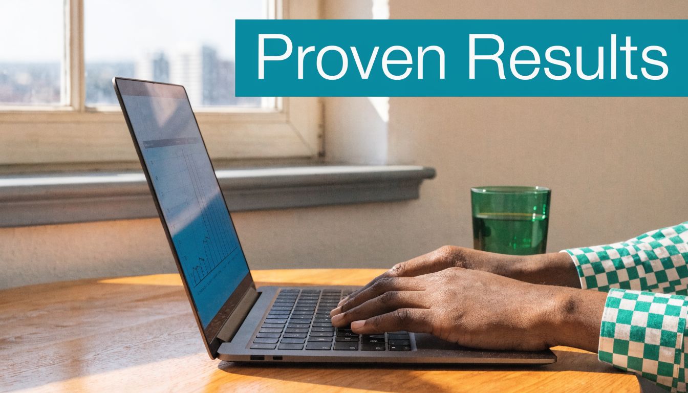 A person using a laptop on a wooden table to analyze data with a green glass nearby.