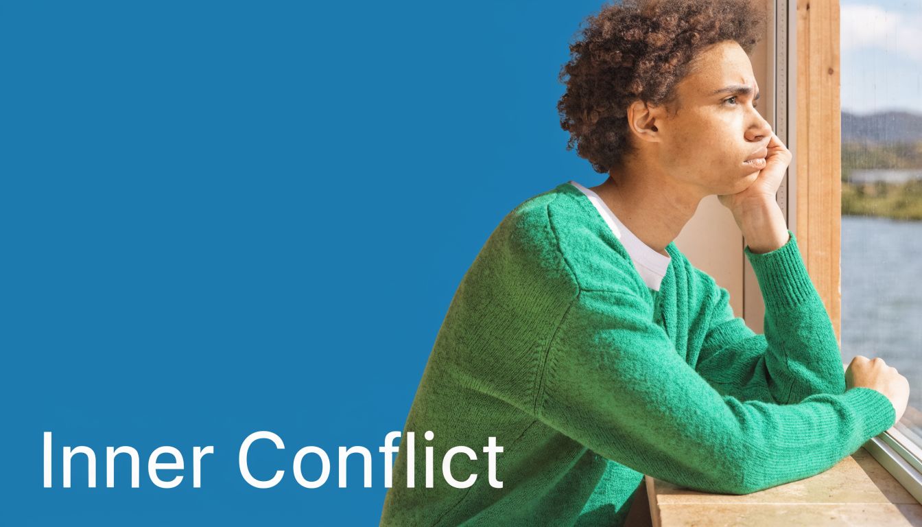 A young person with curly hair looking thoughtfully out of a window, representing deep inner conflict.
