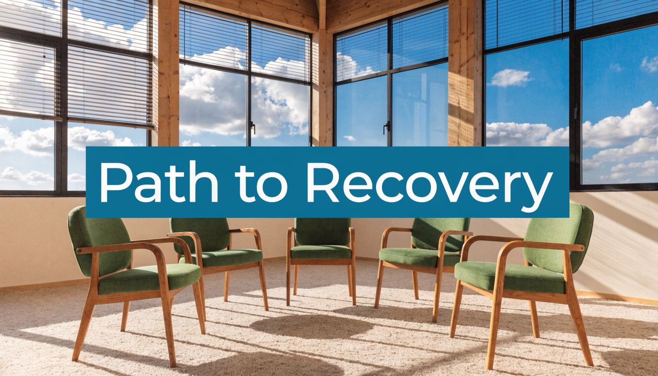Five green chairs arranged in a circle in a sunlit room with the words Path to Recovery overlayed.