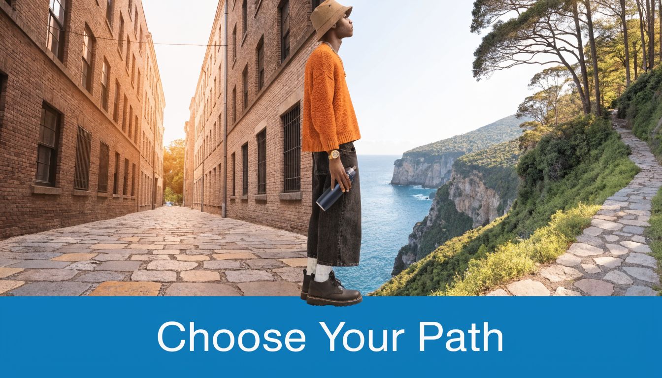 A person standing at a crossroads between a city street and a scenic nature trail pathway.