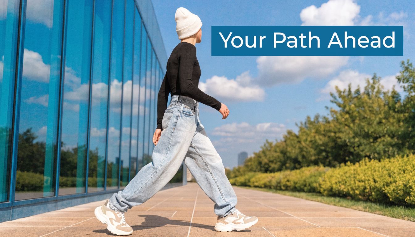 A person wearing a beanie, black shirt, and jeans walking confidently outdoors next to a modern building.