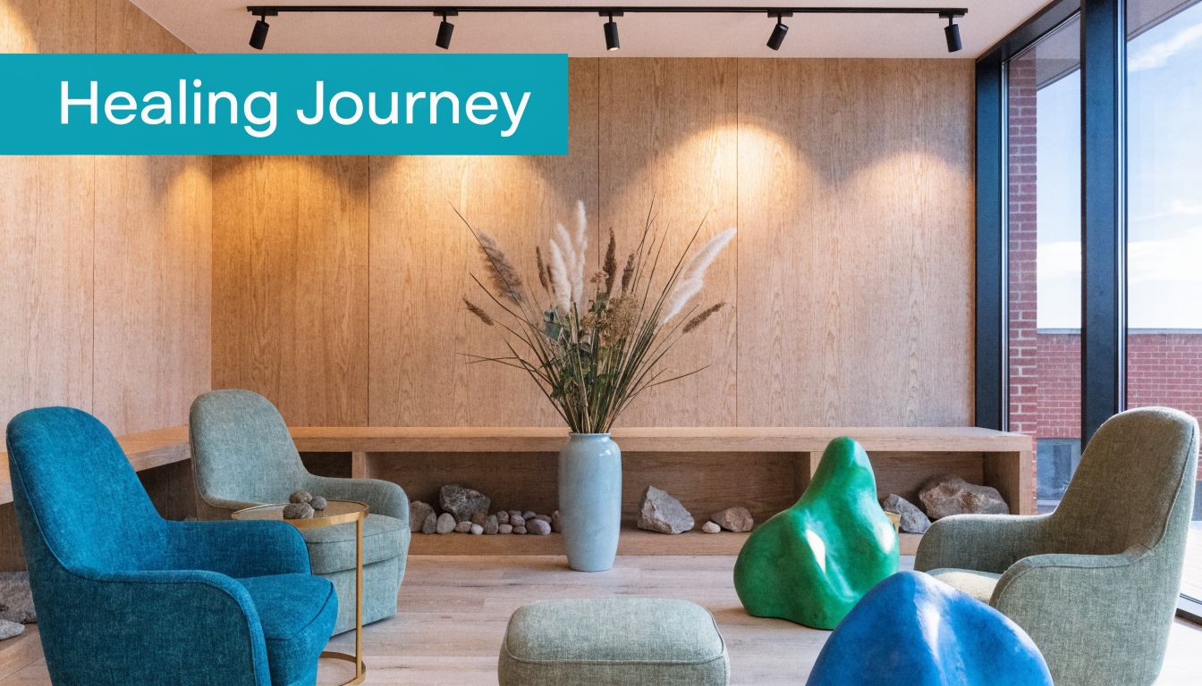 A serene, modern outpatient recovery waiting room with comfortable armchairs, wooden paneling, and calming decor.