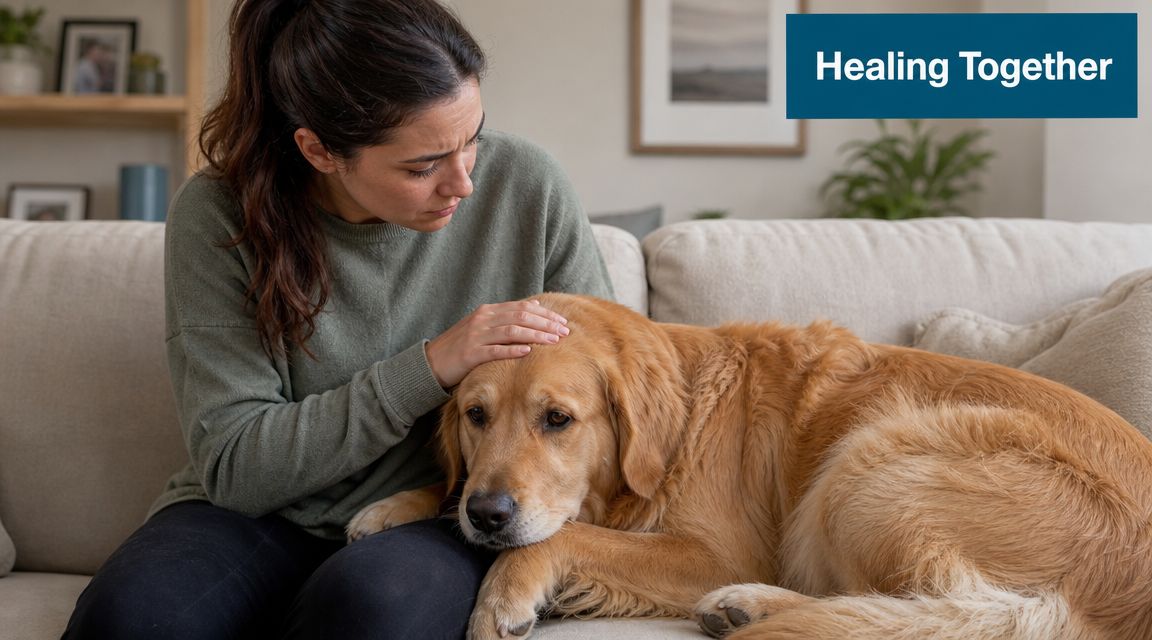 A woman comforts her golden retriever on a sofa, representing emotional support during the recovery process.