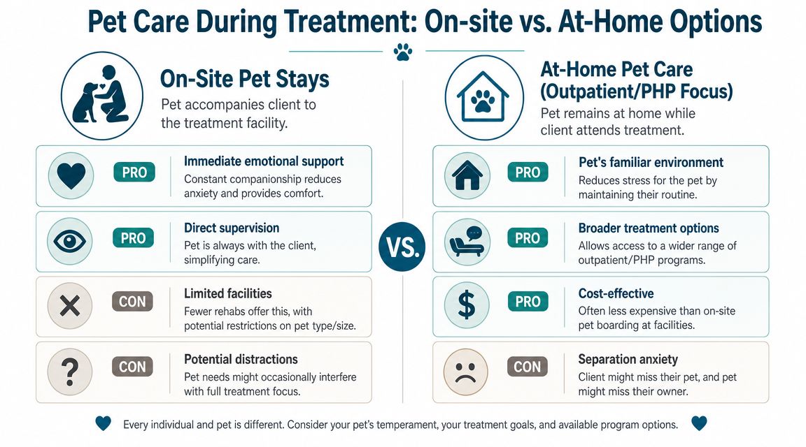A comparison chart showing the pros and cons of on-site versus at-home pet care during addiction treatment.
