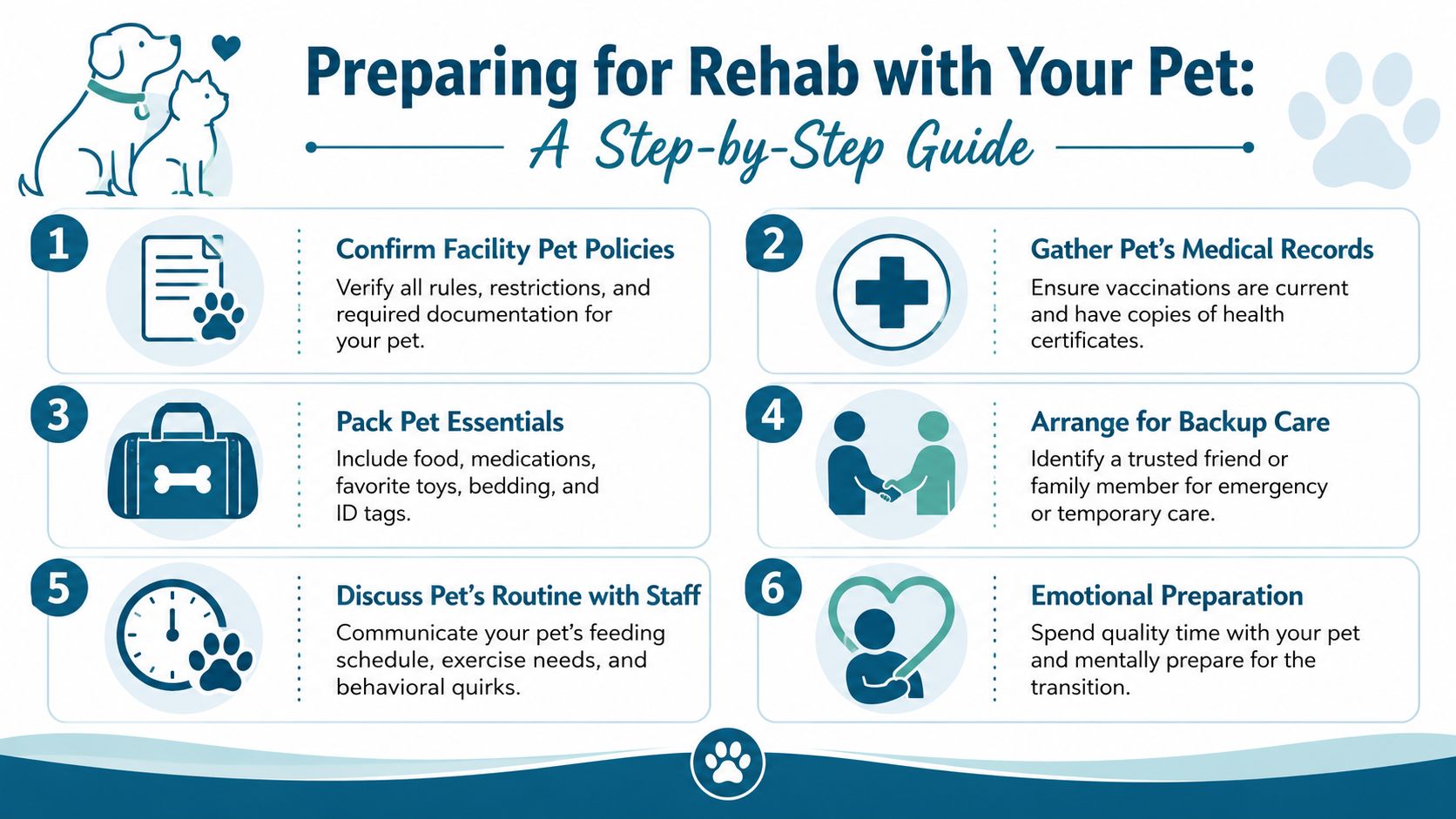 An infographic titled Preparing for Rehab with Your Pet detailing six steps to prepare for treatment.
