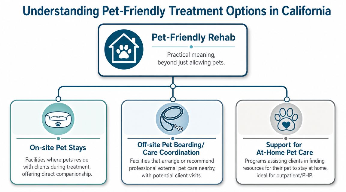 A flowchart explaining the different types of pet-friendly rehab treatment options available in California for patients.